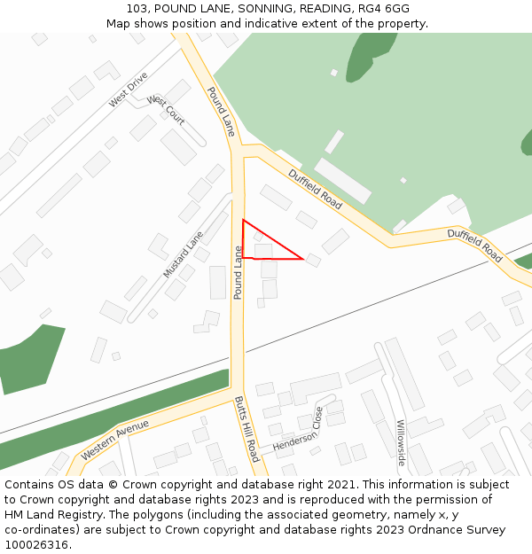 103, POUND LANE, SONNING, READING, RG4 6GG: Location map and indicative extent of plot