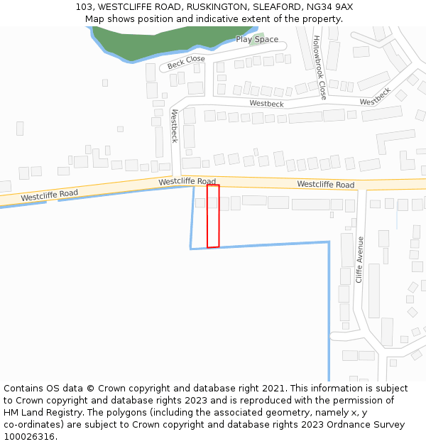 103, WESTCLIFFE ROAD, RUSKINGTON, SLEAFORD, NG34 9AX: Location map and indicative extent of plot