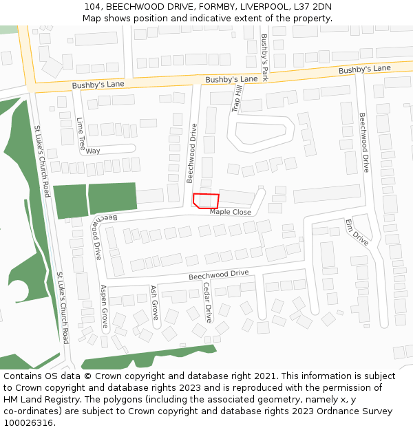 104, BEECHWOOD DRIVE, FORMBY, LIVERPOOL, L37 2DN: Location map and indicative extent of plot