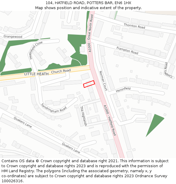 104, HATFIELD ROAD, POTTERS BAR, EN6 1HX: Location map and indicative extent of plot