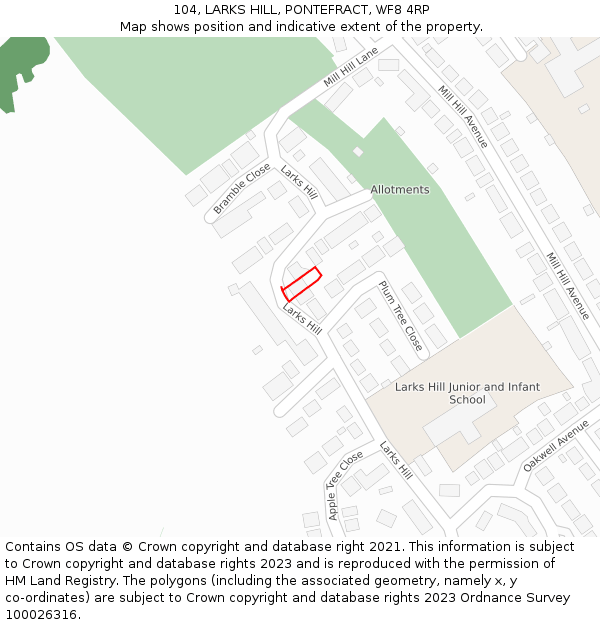 104, LARKS HILL, PONTEFRACT, WF8 4RP: Location map and indicative extent of plot