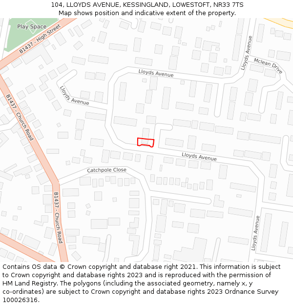 104, LLOYDS AVENUE, KESSINGLAND, LOWESTOFT, NR33 7TS: Location map and indicative extent of plot