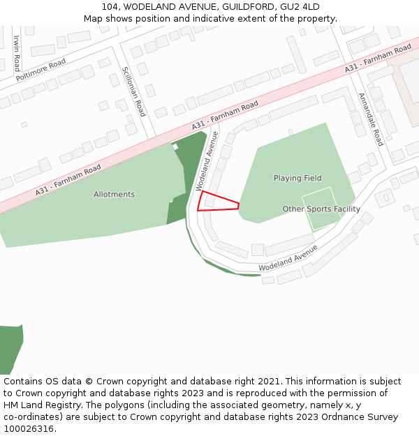 104, WODELAND AVENUE, GUILDFORD, GU2 4LD: Location map and indicative extent of plot