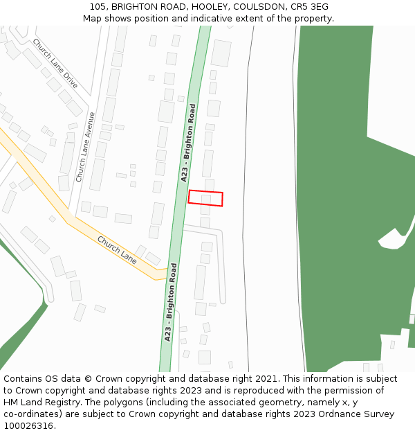 105, BRIGHTON ROAD, HOOLEY, COULSDON, CR5 3EG: Location map and indicative extent of plot