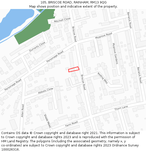 105, BRISCOE ROAD, RAINHAM, RM13 9QG: Location map and indicative extent of plot