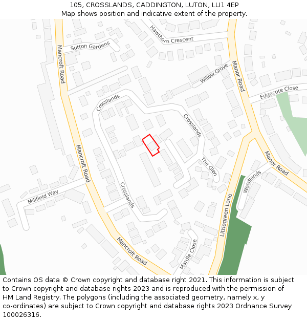 105, CROSSLANDS, CADDINGTON, LUTON, LU1 4EP: Location map and indicative extent of plot