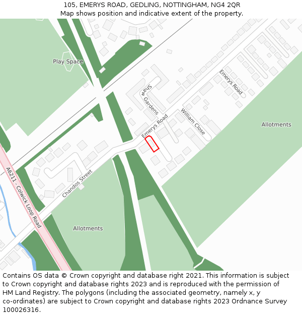 105, EMERYS ROAD, GEDLING, NOTTINGHAM, NG4 2QR: Location map and indicative extent of plot