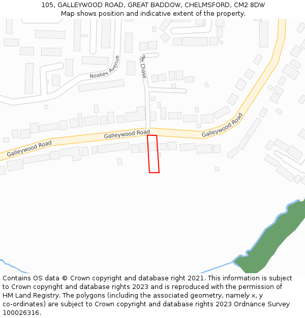 105, GALLEYWOOD ROAD, GREAT BADDOW, CHELMSFORD, CM2 8DW: Location map and indicative extent of plot