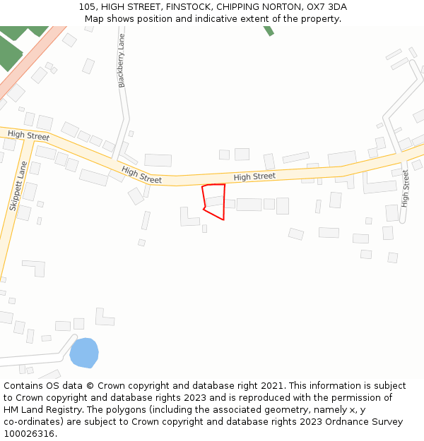 105, HIGH STREET, FINSTOCK, CHIPPING NORTON, OX7 3DA: Location map and indicative extent of plot