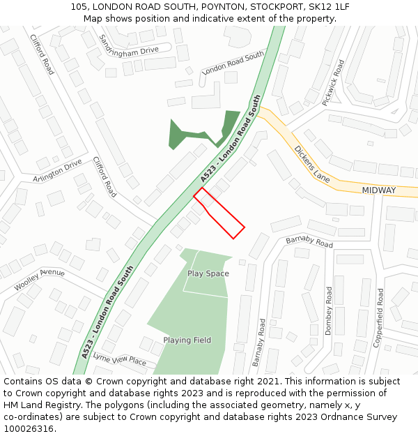 105, LONDON ROAD SOUTH, POYNTON, STOCKPORT, SK12 1LF: Location map and indicative extent of plot