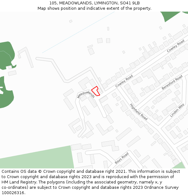 105, MEADOWLANDS, LYMINGTON, SO41 9LB: Location map and indicative extent of plot