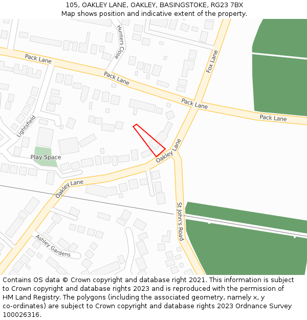 105, OAKLEY LANE, OAKLEY, BASINGSTOKE, RG23 7BX: Location map and indicative extent of plot