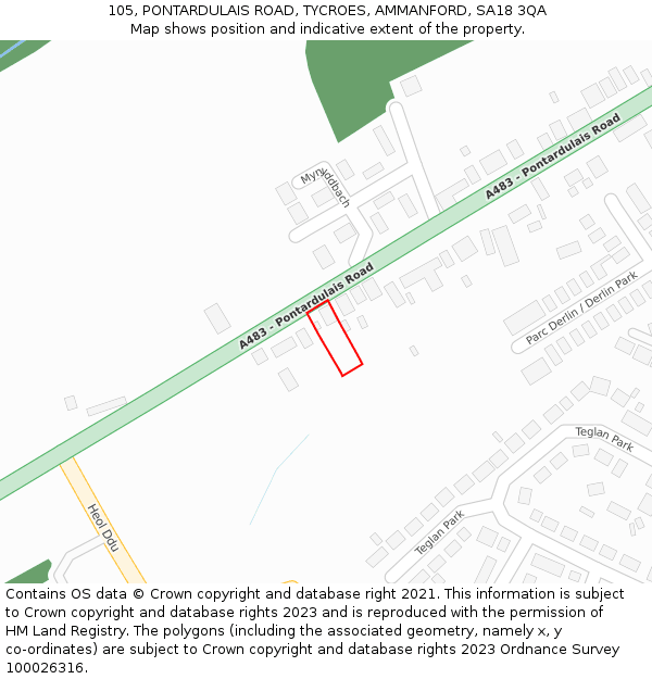 105, PONTARDULAIS ROAD, TYCROES, AMMANFORD, SA18 3QA: Location map and indicative extent of plot