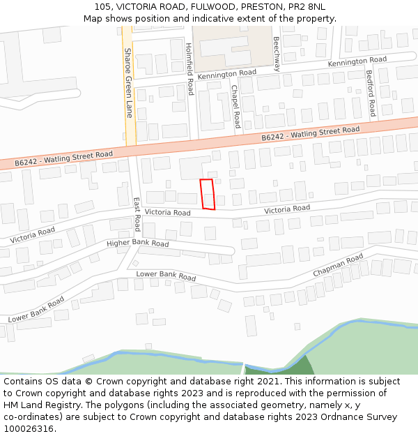 105, VICTORIA ROAD, FULWOOD, PRESTON, PR2 8NL: Location map and indicative extent of plot