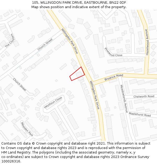 105, WILLINGDON PARK DRIVE, EASTBOURNE, BN22 0DF: Location map and indicative extent of plot