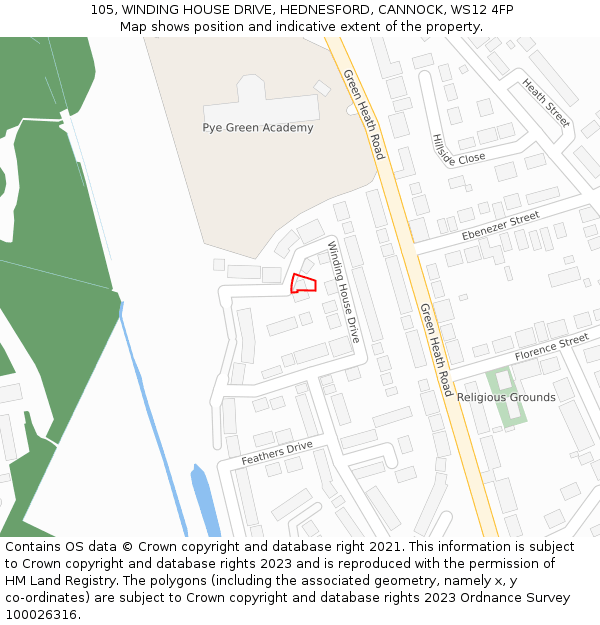 105, WINDING HOUSE DRIVE, HEDNESFORD, CANNOCK, WS12 4FP: Location map and indicative extent of plot