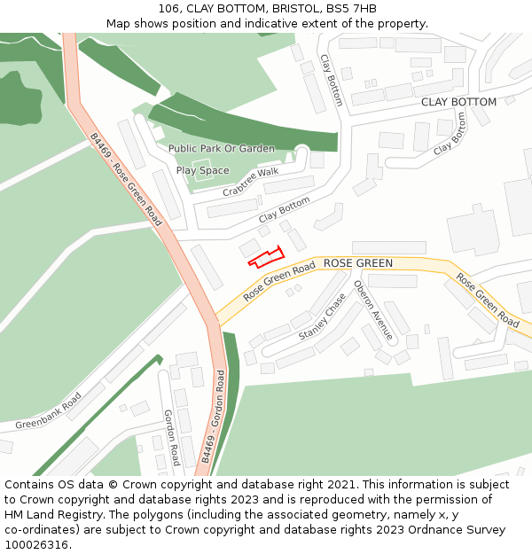 106, CLAY BOTTOM, BRISTOL, BS5 7HB: Location map and indicative extent of plot