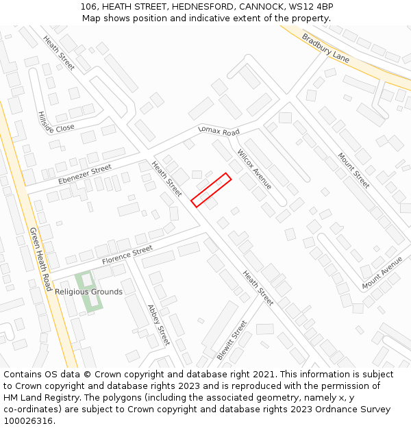 106, HEATH STREET, HEDNESFORD, CANNOCK, WS12 4BP: Location map and indicative extent of plot