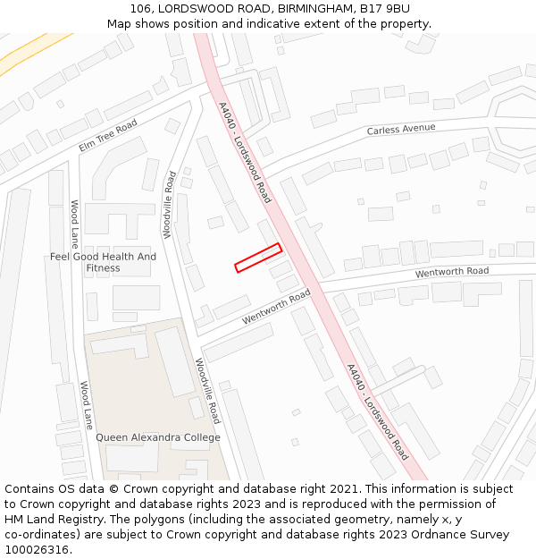 106, LORDSWOOD ROAD, BIRMINGHAM, B17 9BU: Location map and indicative extent of plot