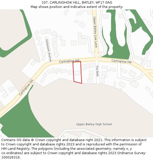 107, CARLINGHOW HILL, BATLEY, WF17 0AG: Location map and indicative extent of plot