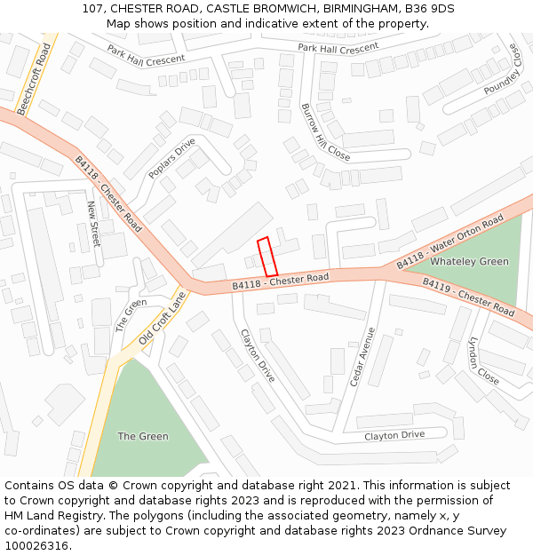 107, CHESTER ROAD, CASTLE BROMWICH, BIRMINGHAM, B36 9DS: Location map and indicative extent of plot