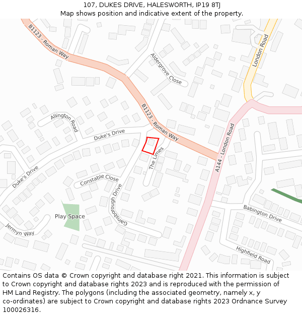 107, DUKES DRIVE, HALESWORTH, IP19 8TJ: Location map and indicative extent of plot