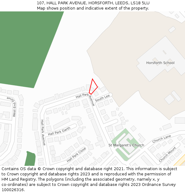 107, HALL PARK AVENUE, HORSFORTH, LEEDS, LS18 5LU: Location map and indicative extent of plot