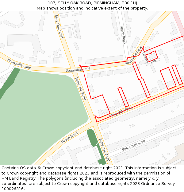 107, SELLY OAK ROAD, BIRMINGHAM, B30 1HJ: Location map and indicative extent of plot