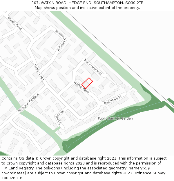 107, WATKIN ROAD, HEDGE END, SOUTHAMPTON, SO30 2TB: Location map and indicative extent of plot