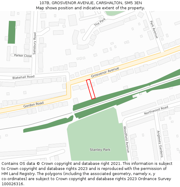 107B, GROSVENOR AVENUE, CARSHALTON, SM5 3EN: Location map and indicative extent of plot