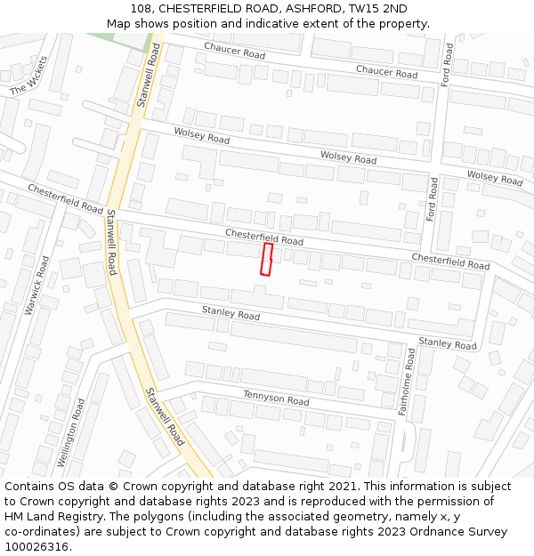 108, CHESTERFIELD ROAD, ASHFORD, TW15 2ND: Location map and indicative extent of plot