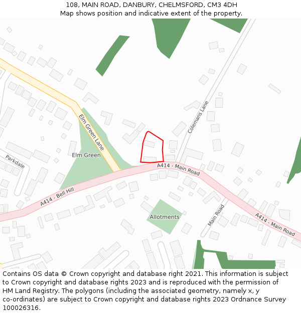 108, MAIN ROAD, DANBURY, CHELMSFORD, CM3 4DH: Location map and indicative extent of plot