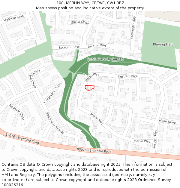 108, MERLIN WAY, CREWE, CW1 3RZ: Location map and indicative extent of plot