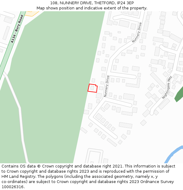 108, NUNNERY DRIVE, THETFORD, IP24 3EP: Location map and indicative extent of plot