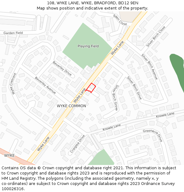 108, WYKE LANE, WYKE, BRADFORD, BD12 9EN: Location map and indicative extent of plot