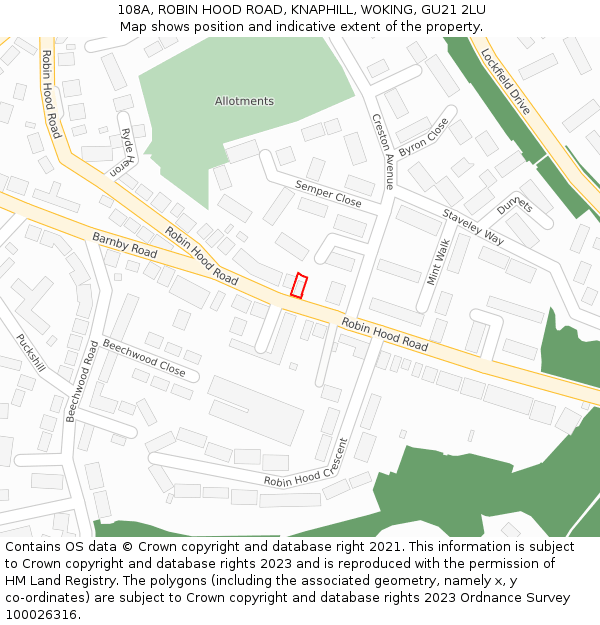 108A, ROBIN HOOD ROAD, KNAPHILL, WOKING, GU21 2LU: Location map and indicative extent of plot