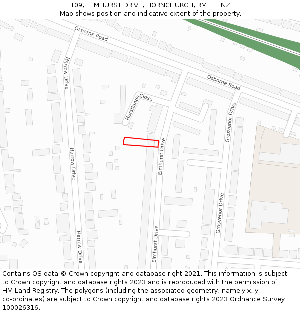 109, ELMHURST DRIVE, HORNCHURCH, RM11 1NZ: Location map and indicative extent of plot