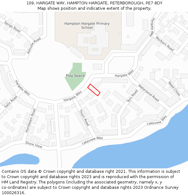 109, HARGATE WAY, HAMPTON HARGATE, PETERBOROUGH, PE7 8DY: Location map and indicative extent of plot