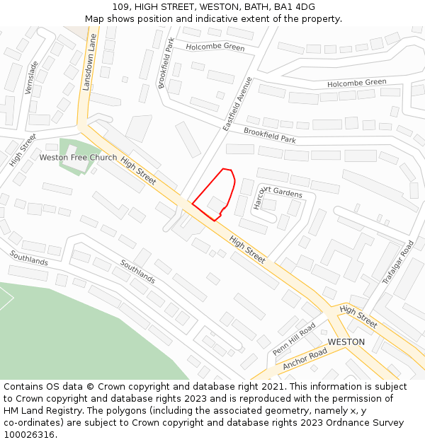 109, HIGH STREET, WESTON, BATH, BA1 4DG: Location map and indicative extent of plot