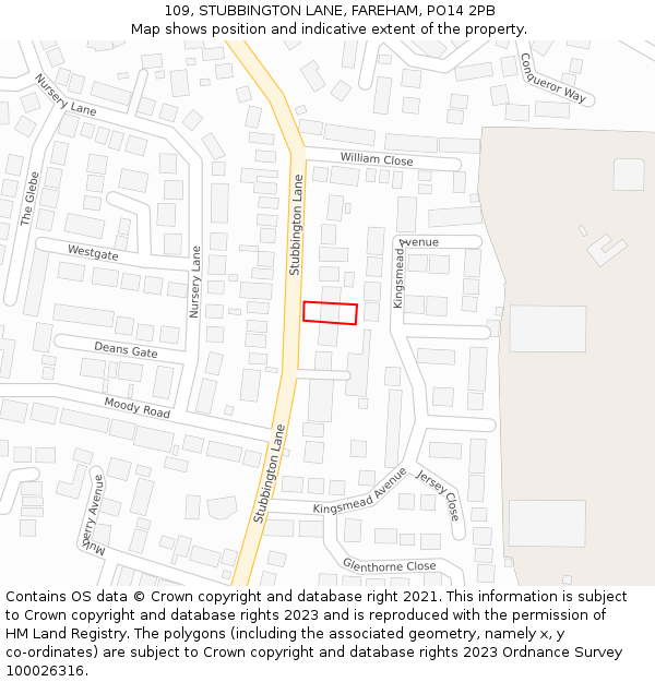 109, STUBBINGTON LANE, FAREHAM, PO14 2PB: Location map and indicative extent of plot