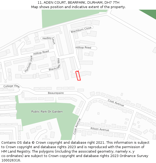 11, ADEN COURT, BEARPARK, DURHAM, DH7 7TH: Location map and indicative extent of plot