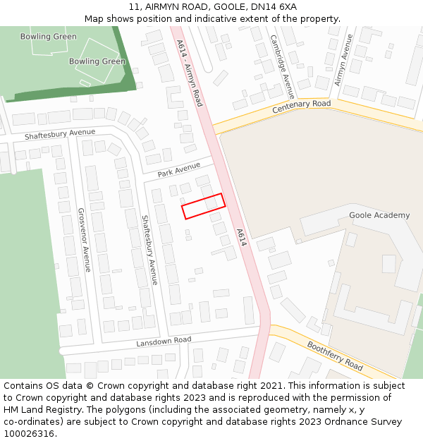 11, AIRMYN ROAD, GOOLE, DN14 6XA: Location map and indicative extent of plot