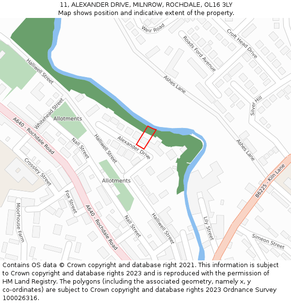 11, ALEXANDER DRIVE, MILNROW, ROCHDALE, OL16 3LY: Location map and indicative extent of plot