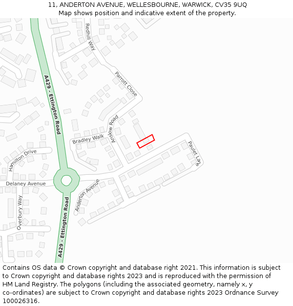 11, ANDERTON AVENUE, WELLESBOURNE, WARWICK, CV35 9UQ: Location map and indicative extent of plot