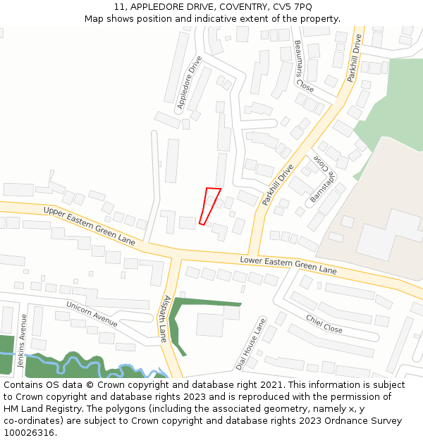 11, APPLEDORE DRIVE, COVENTRY, CV5 7PQ: Location map and indicative extent of plot