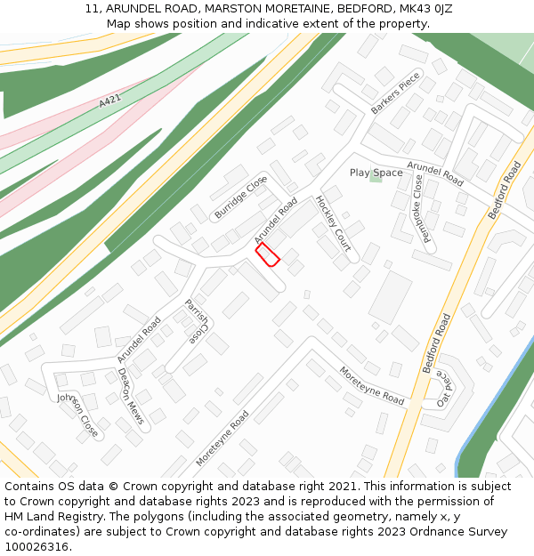 11, ARUNDEL ROAD, MARSTON MORETAINE, BEDFORD, MK43 0JZ: Location map and indicative extent of plot