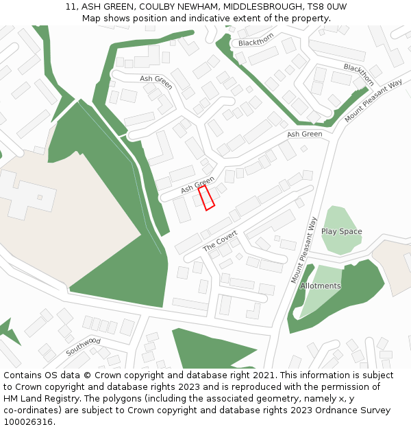 11, ASH GREEN, COULBY NEWHAM, MIDDLESBROUGH, TS8 0UW: Location map and indicative extent of plot