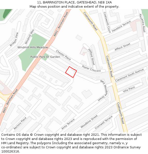 11, BARRINGTON PLACE, GATESHEAD, NE8 1XA: Location map and indicative extent of plot