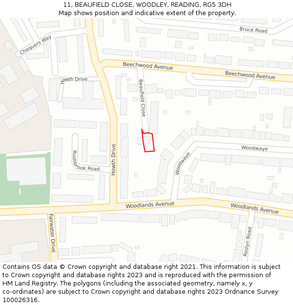 11, BEAUFIELD CLOSE, WOODLEY, READING, RG5 3DH: Location map and indicative extent of plot
