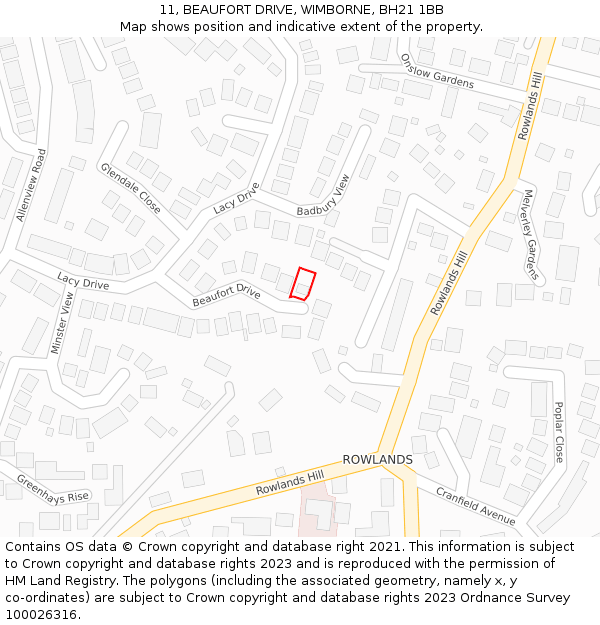 11, BEAUFORT DRIVE, WIMBORNE, BH21 1BB: Location map and indicative extent of plot